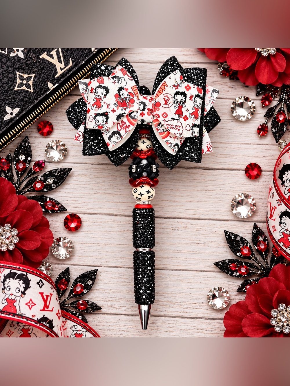 Betty Boop Fashion LV Black Bow Rhinestone Beaded Twist Pen.